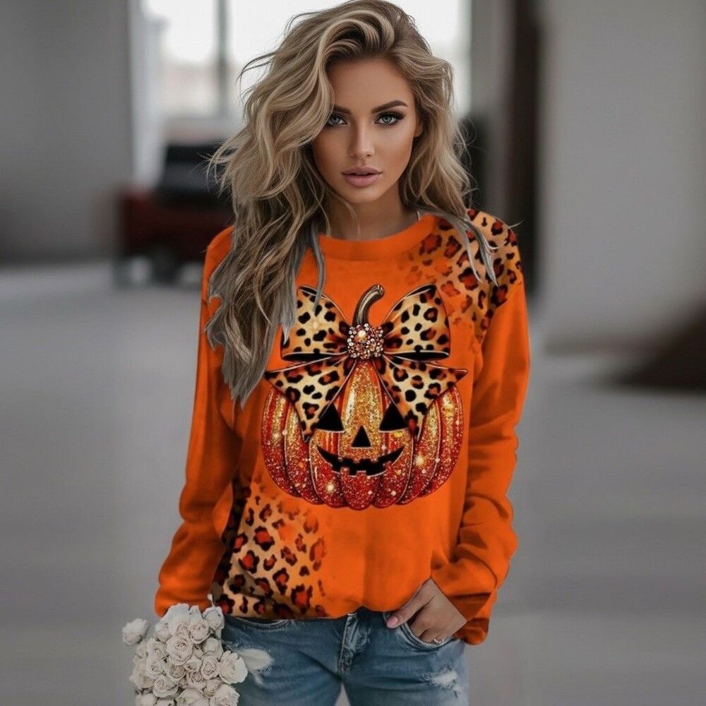 Mr. Festive Sweatshirt Womens XL Orange Halloween Pumpkin Leopard Bow
